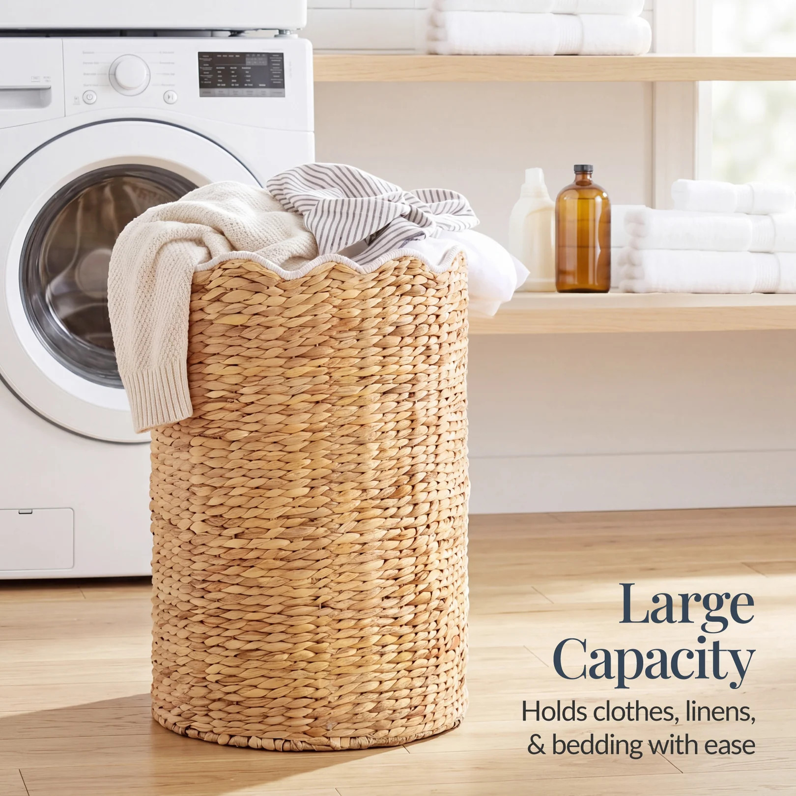 Scalloped Large Round Laundry Hamper, Handwoven Laundry Basket | Best Choice Products 
