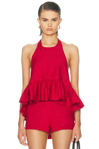 AEXAE x REVOLVE Linen Peplum Top in Red | FWRD 