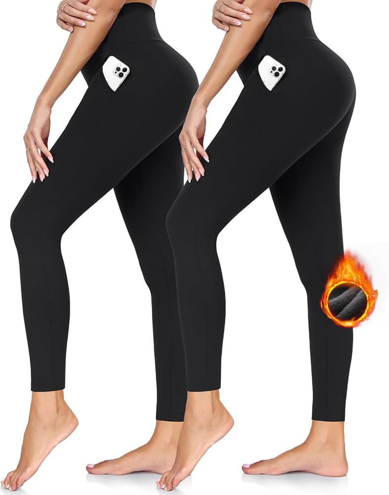 2 Pack Fleece Lined Leggings for Women with Pockets-High Waisted Winter Thermal Warm Yoga Pants f... | Amazon (US)