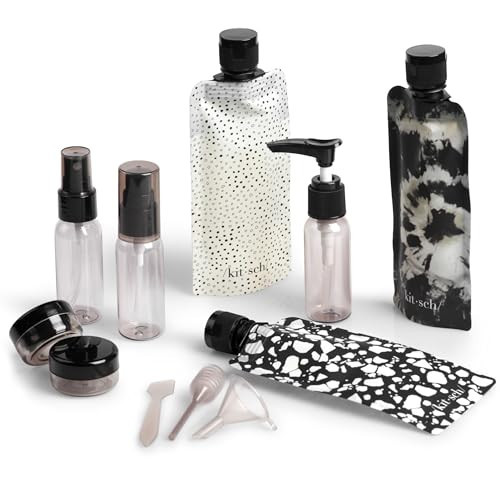 Kitsch 11 PCS Travel Bottles for Toiletries – Travel Essentials Kit for Shampoo, Conditioner, Lotion & More - TSA Approved Travel Bottles, Leak-Proof Refillable Travel Size Containers - Black & Ivory | Amazon (US)