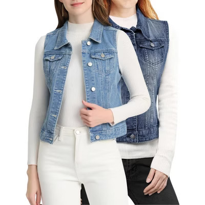 INSPIRE CHIC Women's Buttoned Washed Denim Vest with Faux Chest Flap Pockets 2 Packs Light Blue-B/Dark Blue Medium | Target