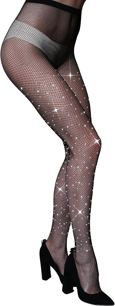 CHRLEISURE Women's Sparkle Rhinestone Fishnets, Sexy Sparkly Glitter Party Concert Outfit Fishnet... | Amazon (US)