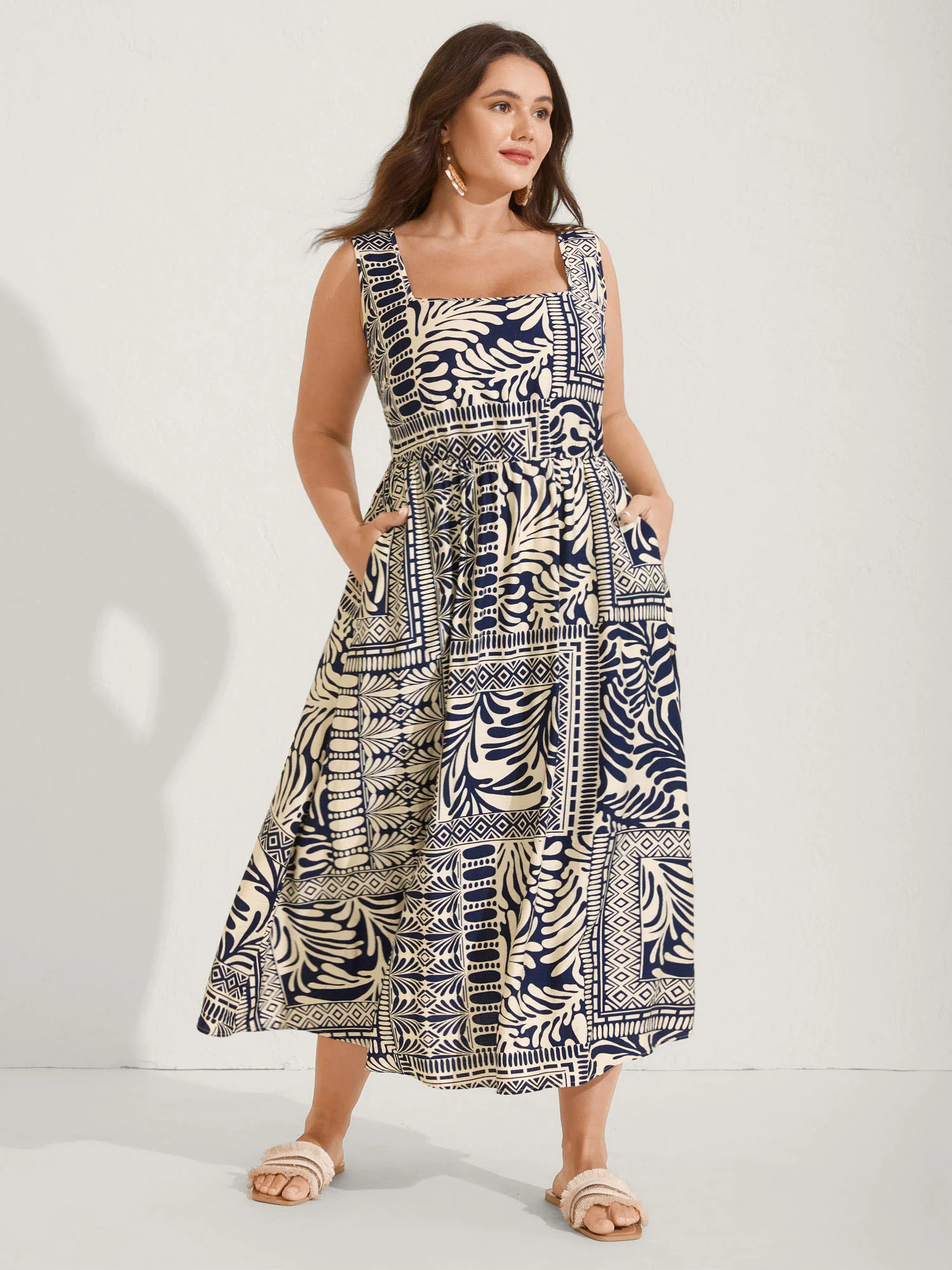 Geometric Collage Print Pockets Midi Dress | Bloomchic