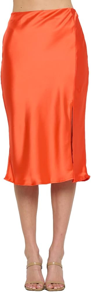 Women Solid High Waist Satin Midi Slit Skirt - Made in USA | Amazon (US)