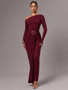 Silquee Women's Solid Color Asymmetric Neck Ruched Elegant Long Sleeve Dress, Bodycon Maxi Dress ... | SHEIN
