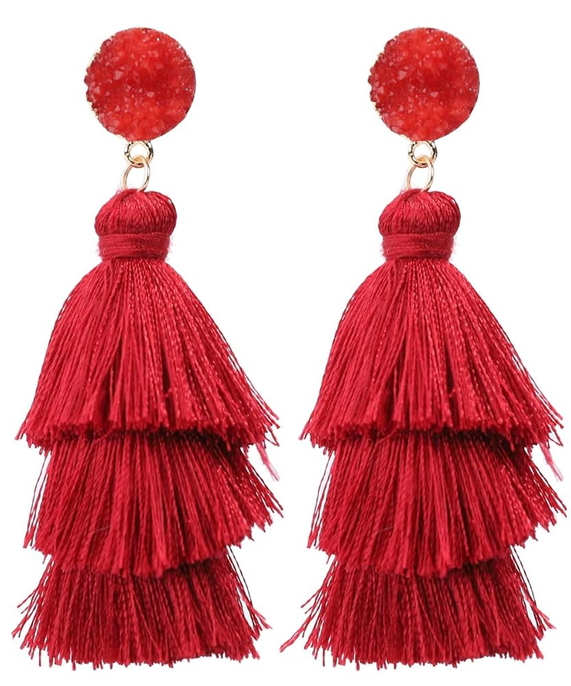 Rave Envy Colorful Tassel Earrings for Women - Layered Tassle Earrings - Choice of Color | Amazon (US)