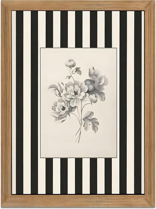 Black and White Floral Wall Art Framed Canvas,Vintage Botanical Sketch Print, Minimalist Striped ... | Amazon (US)