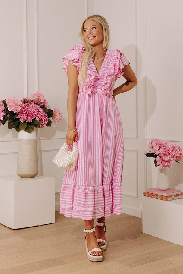 Stripe Affair Ruffle Midi Dress in Pink | Impressions Online Boutique