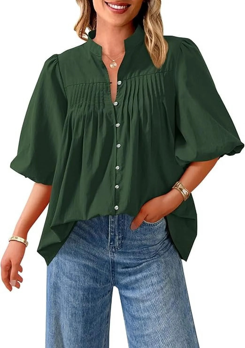 PRETTYGARDEN Women's Summer Short Lantern Sleeve Tops Loose Fit Button Down Shirt Casual Pleated ... | Walmart (US)