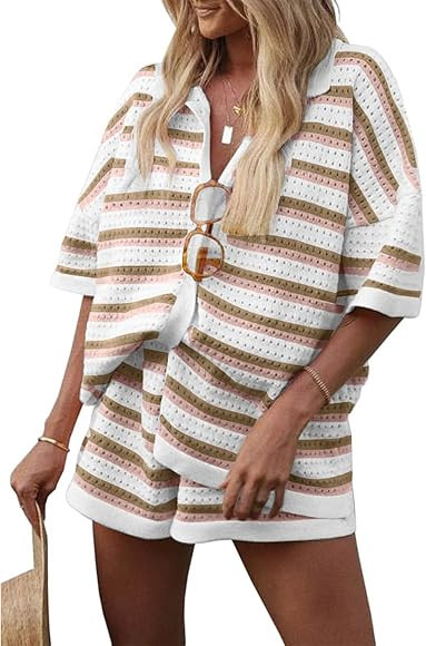 Flygo Striped Crochet Pajama Sets for Women 2 Piece Lounge Sets Short Sleeve Knit Button Tops Dra... | Amazon (US)