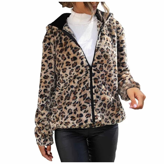 ICHUANYI Womens Fall Winter Fashion Mid-Long Fuzzy Thicken Jacket Leopard Print Hooded Zipper Coa... | Walmart (US)