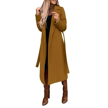 Hfyihgf Womens Classic Faux Wool Coat Lapel Collar Thin Trench Coats Open Front Belted Slim Long Jac | Walmart (US)