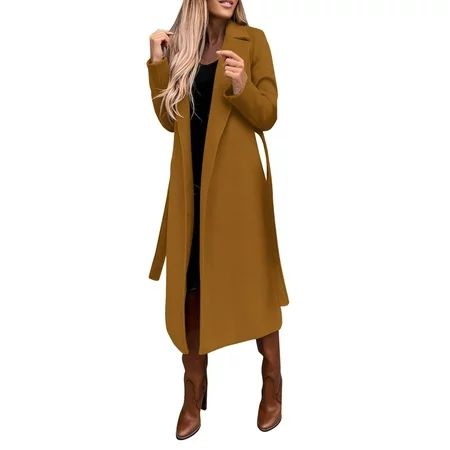 Hfyihgf Womens Classic Faux Wool Coat Lapel Collar Thin Trench Coats Open Front Belted Slim Long Jac | Walmart (US)