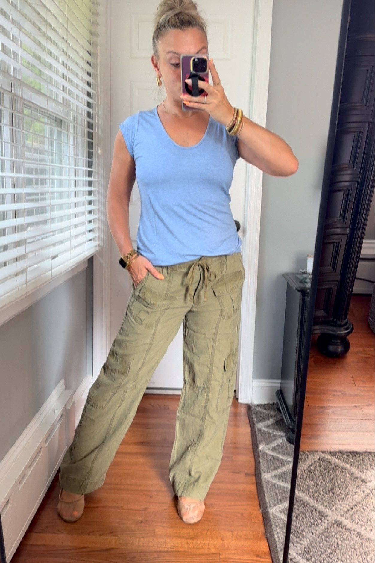 Simple tee. Very soft. And soft cargos. Small in tee. Medium in pants. 