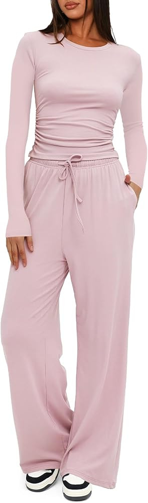 Darong Women's 2 Piece Outfits Lounge Sets 2025 Fall Long Sleeve Tops Wide Leg Pants Casual Match... | Amazon (US)