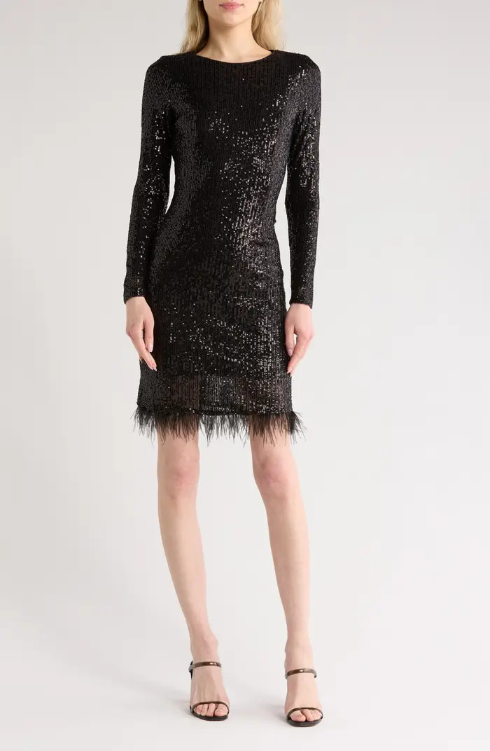 Nanette Lepore Sequined Feather Trim Long Sleeve Dress | Nordstromrack | Nordstrom Rack