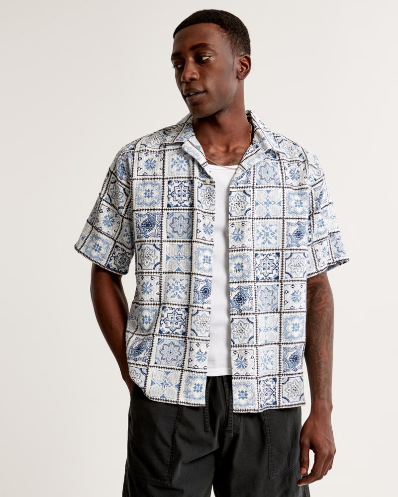 Men's Camp Collar Linen-Blend Textured Shirt | Men's Tops | Abercrombie.com | Abercrombie & Fitch (US)