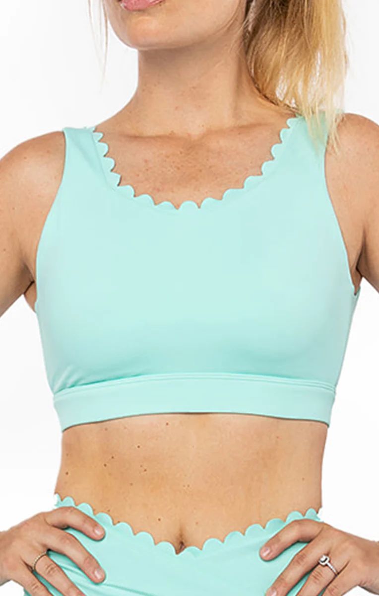 Scalloped Crossover Bra in teal so cute for summer! | Bunker Branding Co/The Linc/ Linc Active