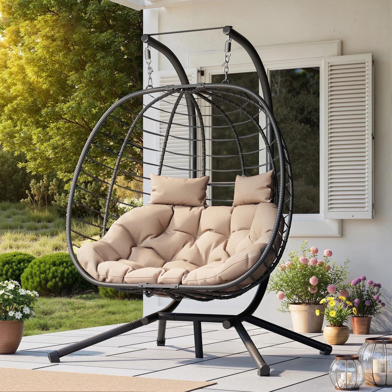 Amopatio Hanging Egg Chair with Stand Double Wicker Swing Egg Chair Patio Hammock Chair, Foldable... | Walmart (US)