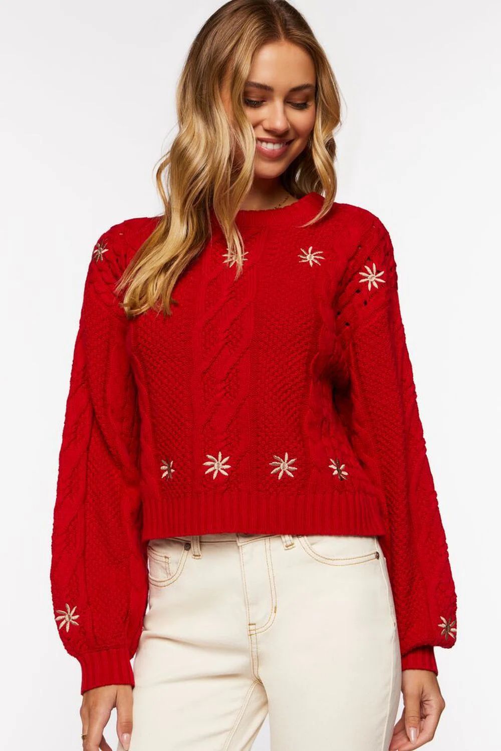 Embroidered Floral Cable Knit Sweater | Forever 21 (US)