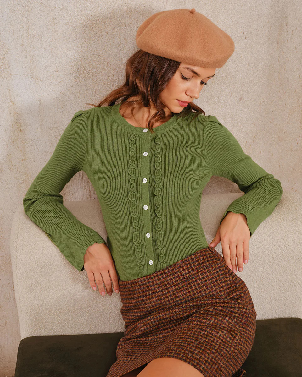 Green Bell Sleeve Button Knit Cardigan | rihoas.com