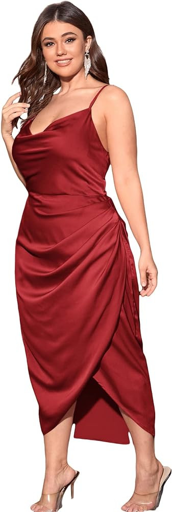 Floerns Women's Plus Size Satin Spaghetti Strap Cowl Neck Wrap Party Cami Dress | Amazon (CA)