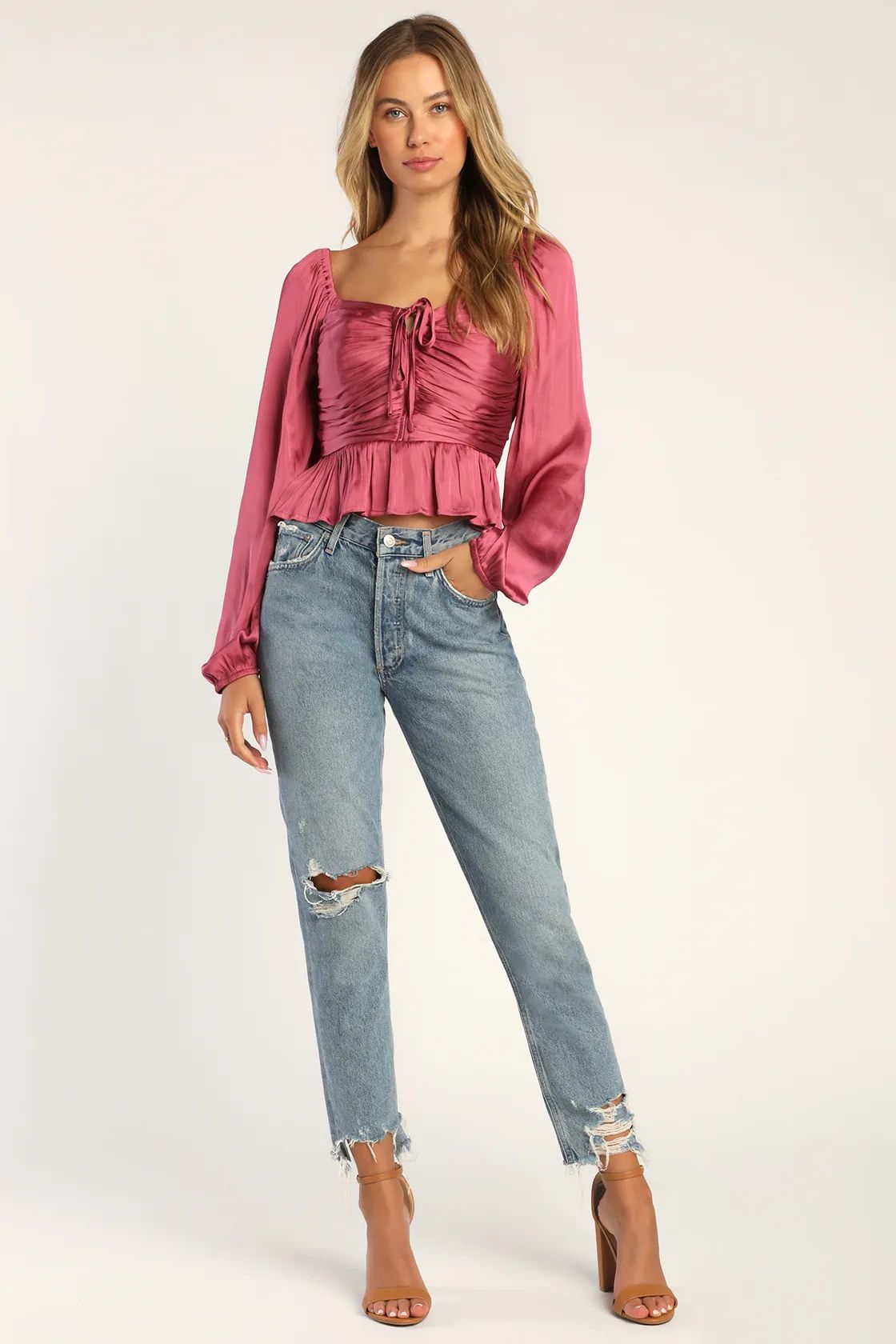 On Re-Pleat Mauve Satin Pleated Balloon Sleeve Top | Lulus (US)