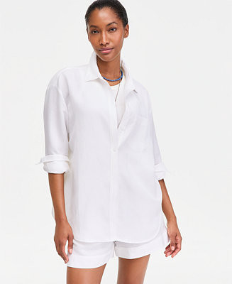 Women's Linen-Blend Relaxed Button-Down Shirt | Macy's
