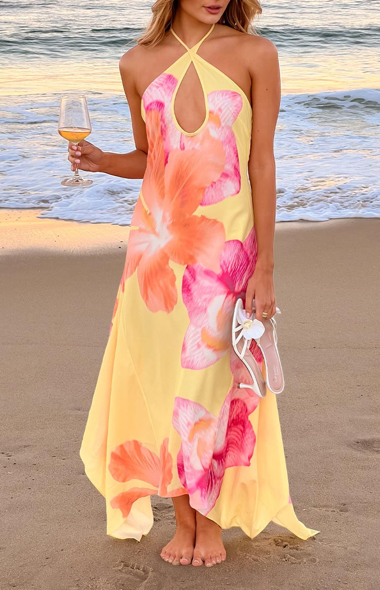 Elowen Yellow Hibiscus Floral Halter Maxi Dress | Beginning Boutique (US)