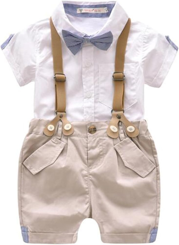 EGELEXY Toddler Baby Boys Gentleman Outfits Short Sleeve T-Shirt+Bib Pants+Bow Tie 3Pcs | Amazon (US)