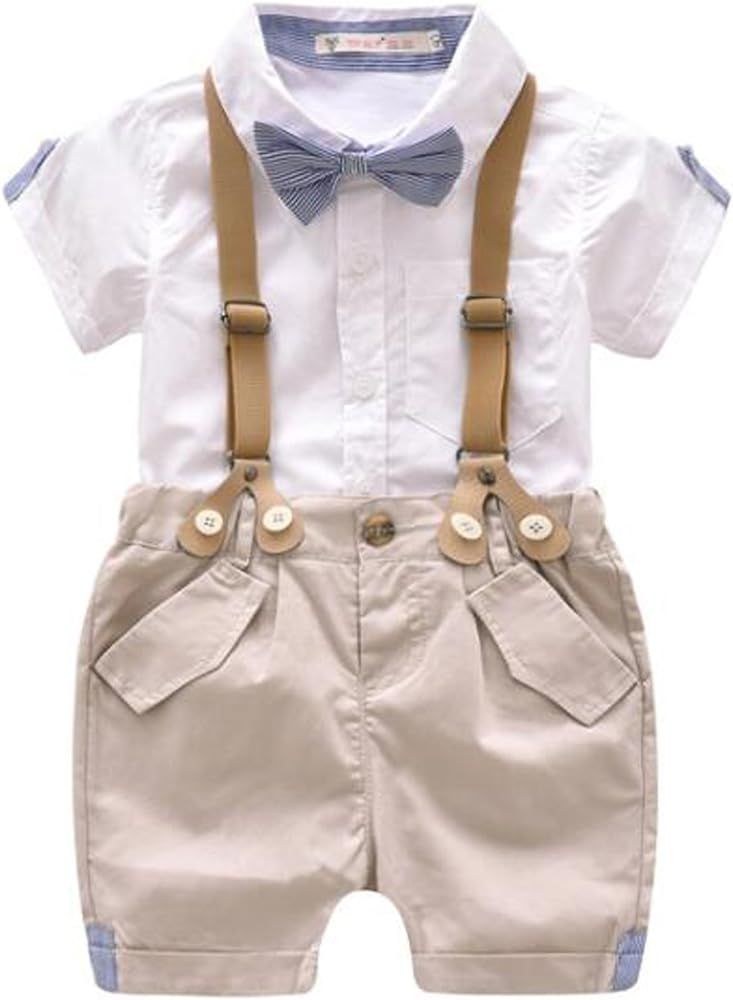 EGELEXY Toddler Baby Boys Gentleman Outfits Short Sleeve T-Shirt+Bib Pants+Bow Tie 3Pcs | Amazon (US)