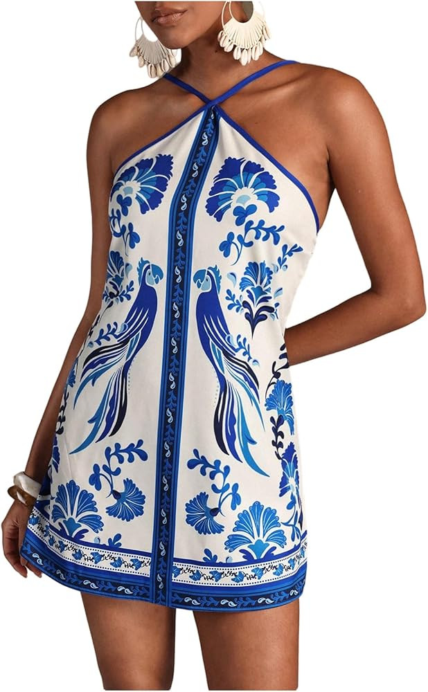RoseSeek Women's Floral Boho Dress Criss Cross Tie Backless Mini Dresses Halter A Line Sundress | Amazon (US)