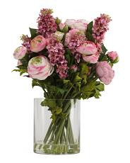 Faux Ranunculus And Lilac Arrangement In Glass Vase | TJ Maxx