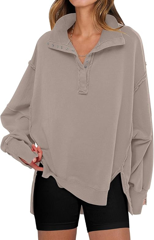 ANRABESS Women's Sweatshirts Oversized Casual Loose Button Up Henley Pullover Top High Low Split ... | Amazon (US)