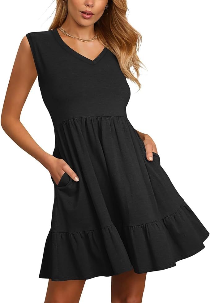 Nova In Sky Women's Casual Tiered Dress with Pockets Sleeveless V Neck Basic Swing T Shirt Dress | Amazon (US)