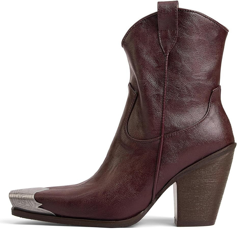 Arqa Women's Western Boots Etched Metal Toe Cowgirl Booties Stacked Block Heel Ankle Boots Side Z... | Amazon (US)
