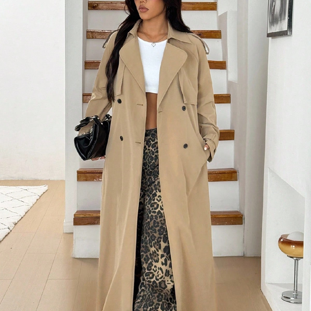 SHEIN EZwear Women's Casual Daily Spring/Autumn Turndown Collar Double-Breasted Long Windbreaker | SHEIN