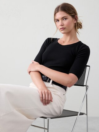 Ribbed Elbow-Sleeve T-Shirt | Banana Republic Factory
