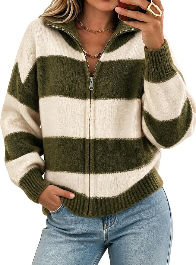Cicy Bell Women Striped Color Block Cardigan Zip Long Sleeve Knit Sweater | Amazon (US)