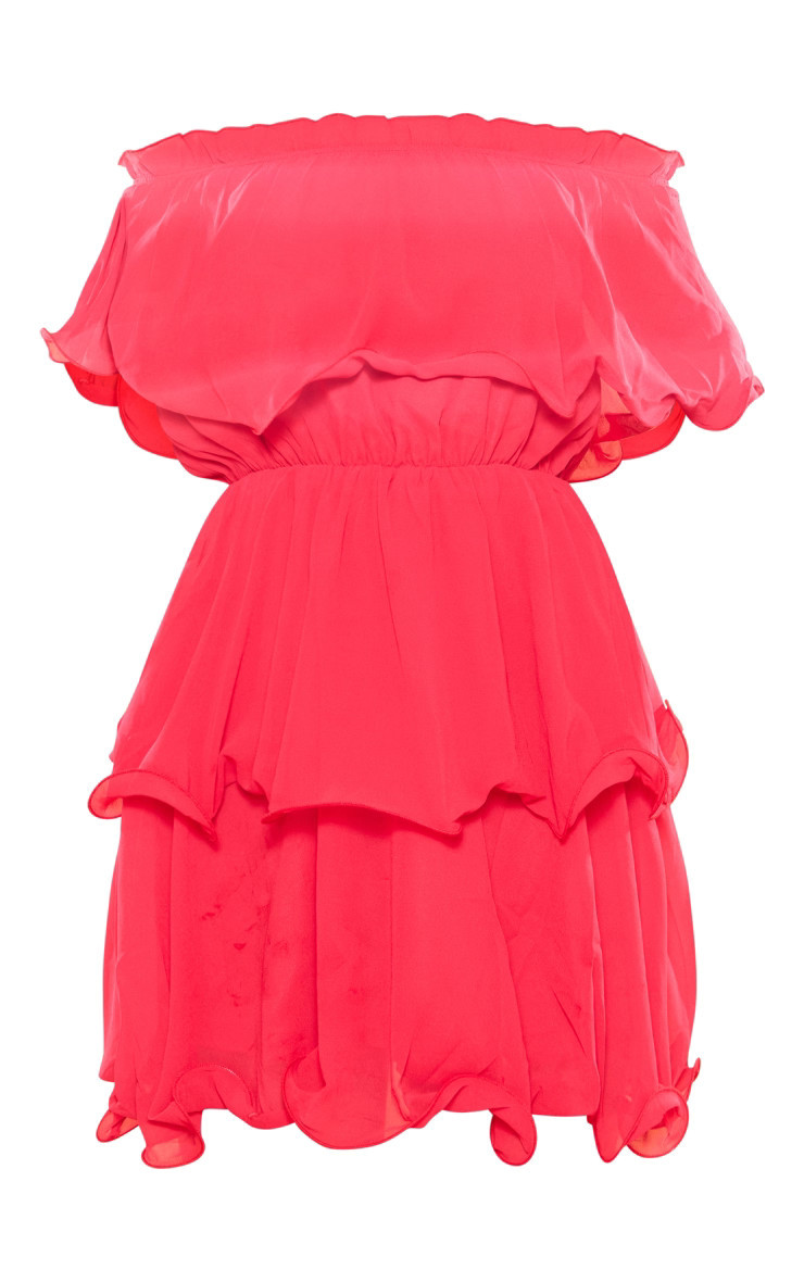 Red Chiffon Bardot Ruffle Tiered Dress | PrettyLittleThing US