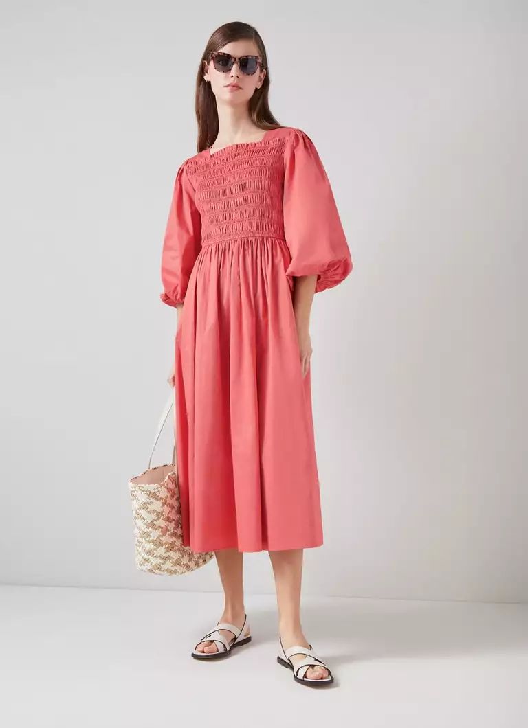Calister Dark Pink Organic Cotton Shirred Dress | L.K. Bennett (UK)