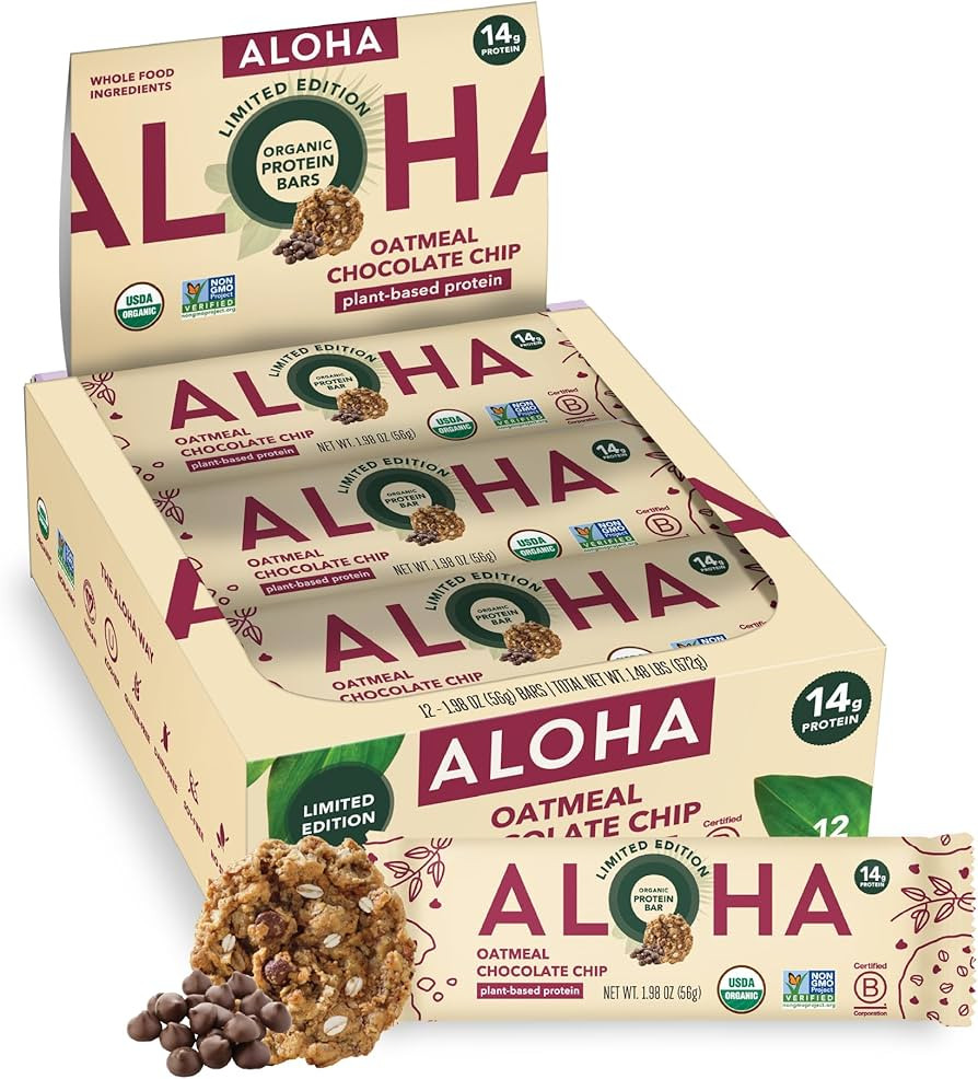 ALOHA Organic Plant Based Protein Bars - Oatmeal Chocolate Chip - 12 Count, 1.9oz Bars - Vegan Sn... | Amazon (US)