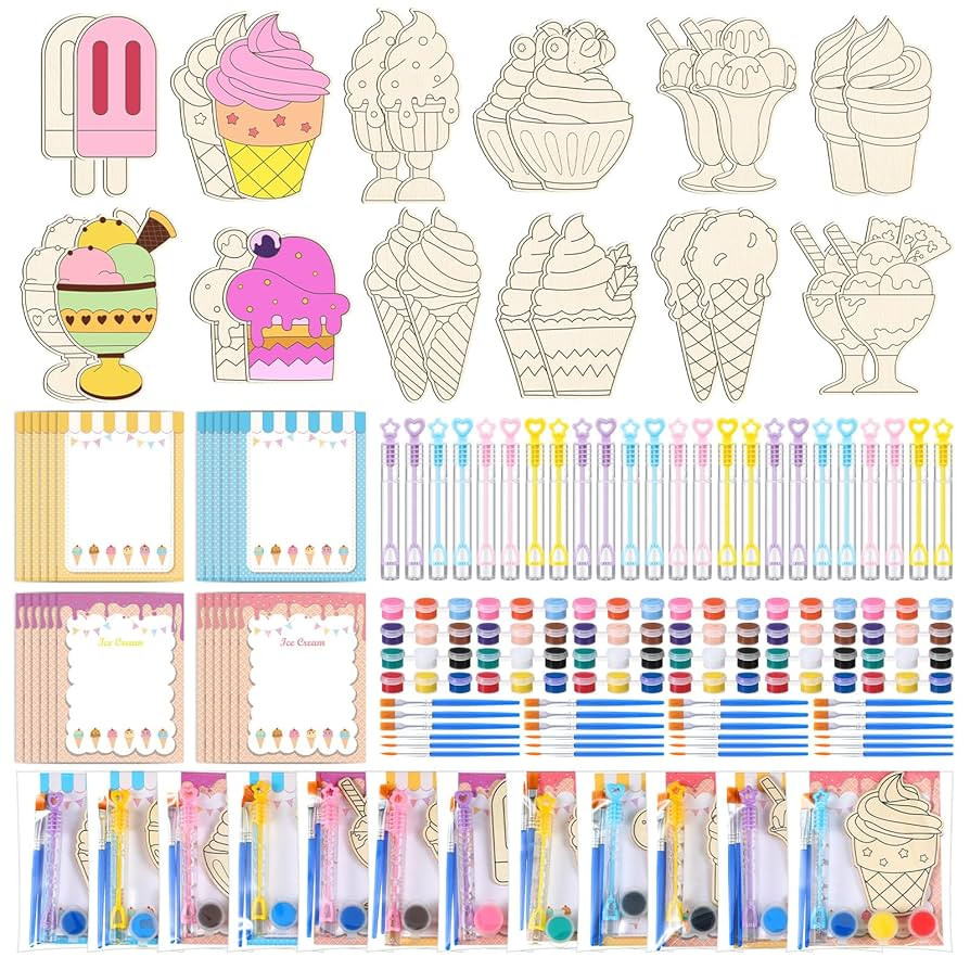 CroBlissful 24 Sets Ice Cream Wooden Painting Kit with Bubble Wand DIY Ice Cream Wood Cutouts Cra... | Amazon (US)