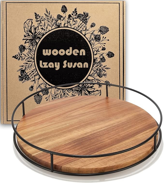 12" Acacia Wood Lazy Susan Turntable, Tomoaza Kitchen Organizer Turntable with Steel Sides, 360 D... | Amazon (US)