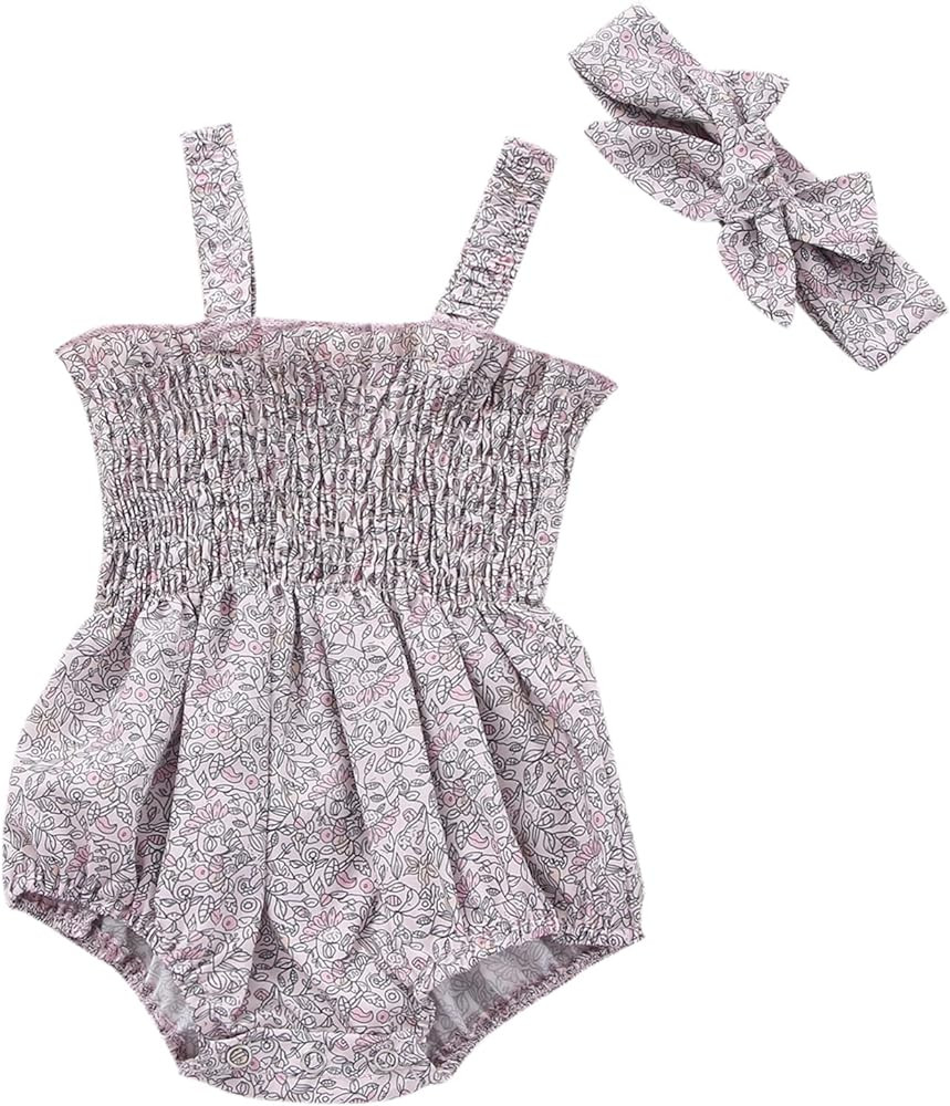 Baby Girls Summer Rompers Princess Newborn Plaid Floral Frill Sling Clothes Jumpsuits Headband Outfi | Amazon (US)