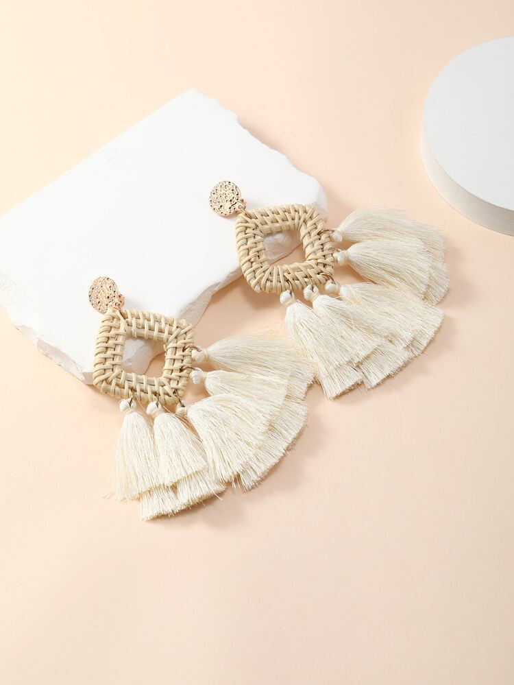 Rattan Geometric & Tassel Decor Clip On Earrings | SHEIN