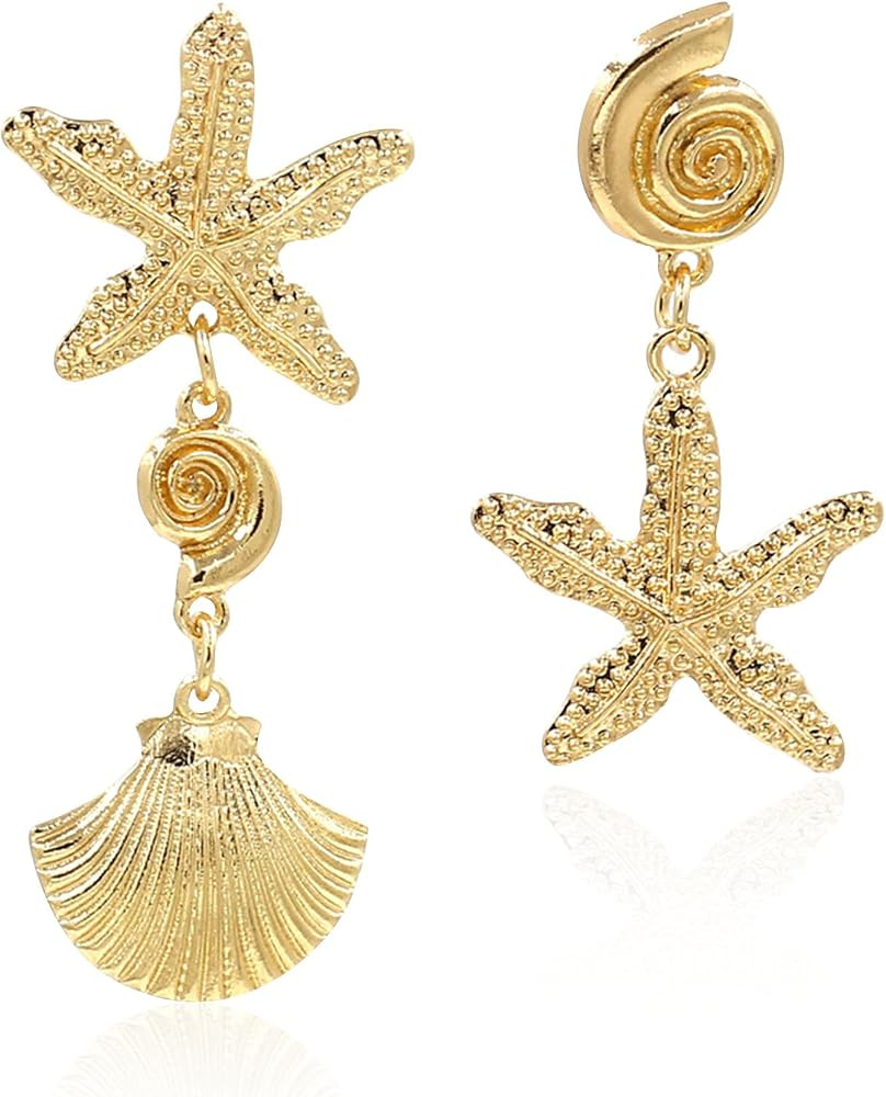 Starfish Earrings for Women Seashell Earrings Sea Shell Conch Dangle Earrings Hypoallergenic Cute... | Amazon (US)