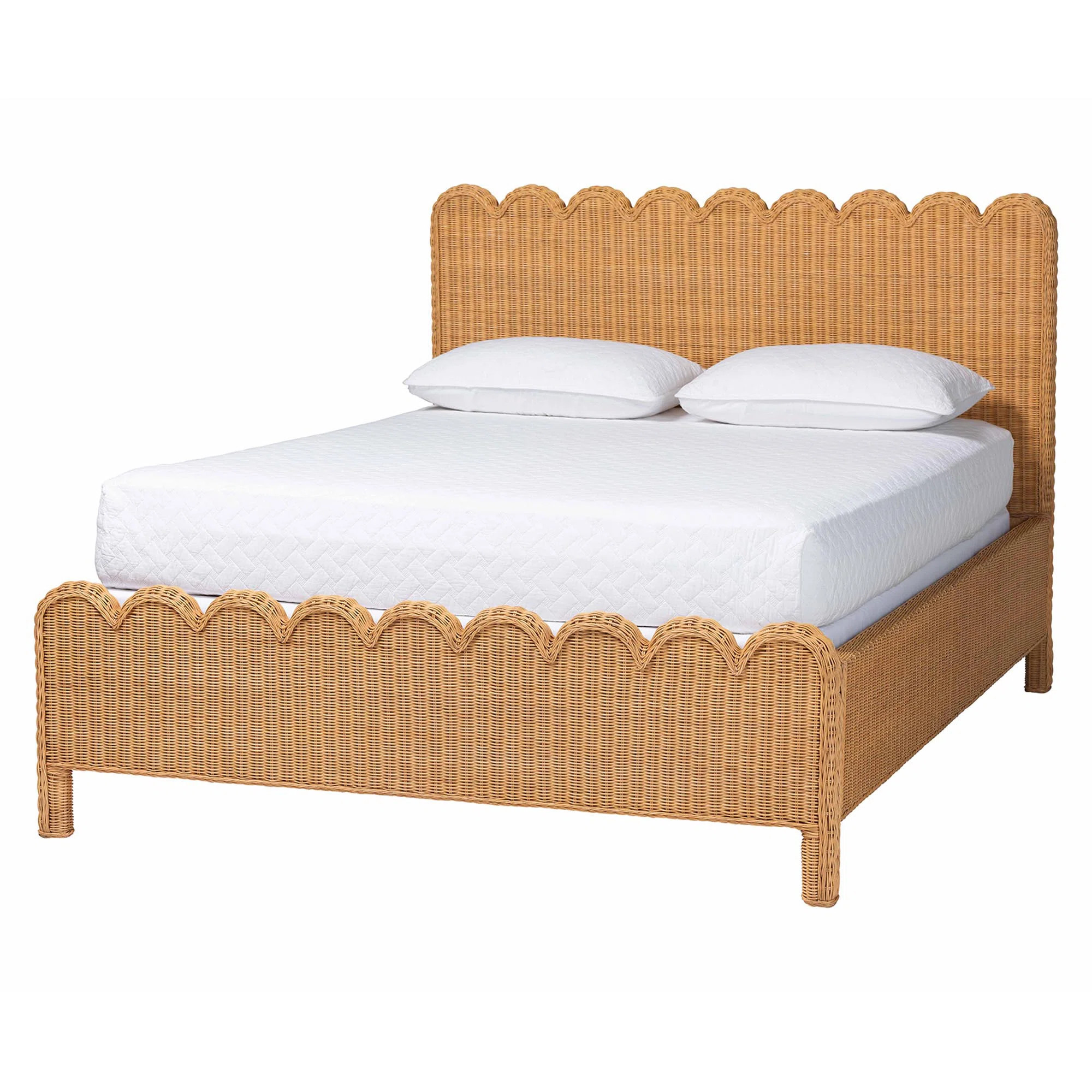 Scalloped Natural Rattan Bed Frame - Handwoven Wicker Headboard And Footboard With Decorative Edg... | Wayfair North America