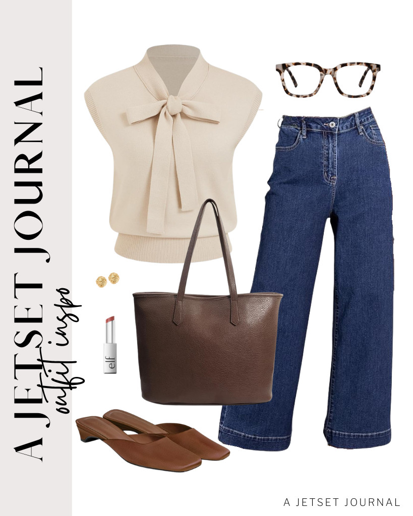 The first outfit is this beige CIDER bow-tie sweater vest paired with DOKOTOO high-waisted jeans. These Coutgo kitten heels and zipper tote bag are perfect for this neat look. You can use these blue-light-blocking glasses for this fit, too.

#LTKSeasonal #LTKSaleAlert #LTKTravel
 

 