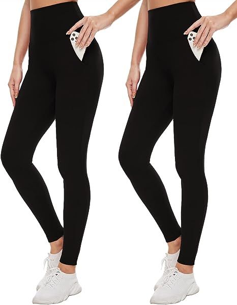 Leggings with Pockets for Women - Buttery Soft Non See Through Yoga Pants High Waist Tummy Contro... | Amazon (US)